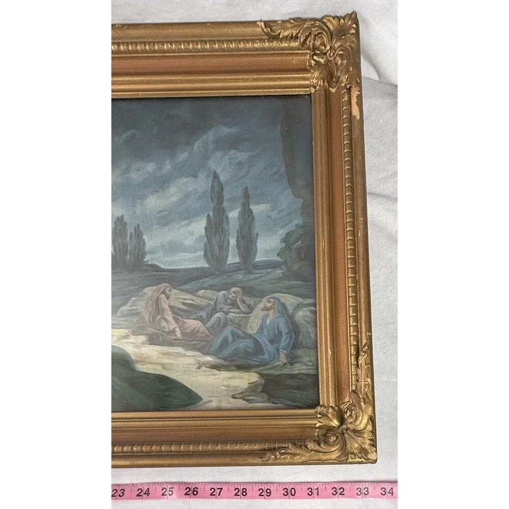 Vintage Jesus Praying Art Under Glass Ornate Gilt Wood Gold Frame Antique